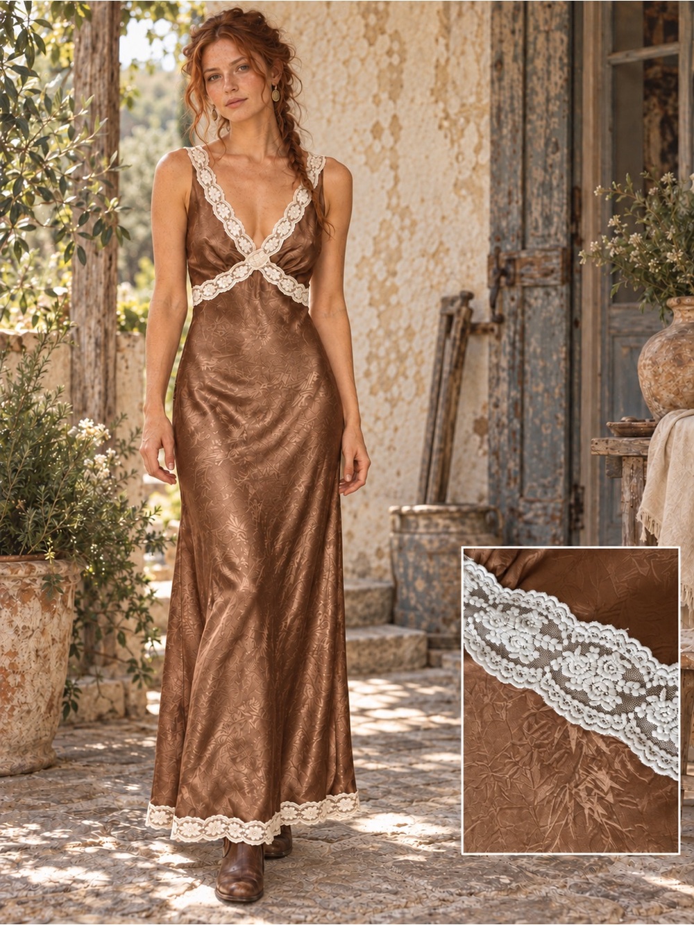 Talisman Luca Satin Jacquard Lace Trim Bias Cut Maxi Slip Dress Cocoa Brown M